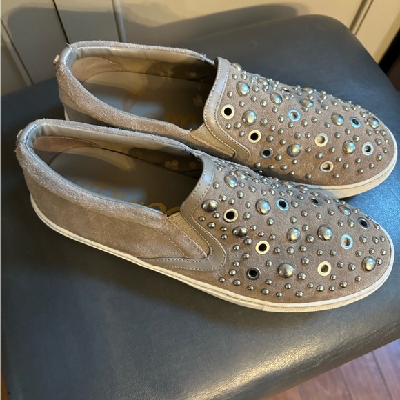 Sam Edelman Shoes - Sam Edelman Womens Taupe Suede Leather Silver Studs Slip on Loafer, Size 8.5